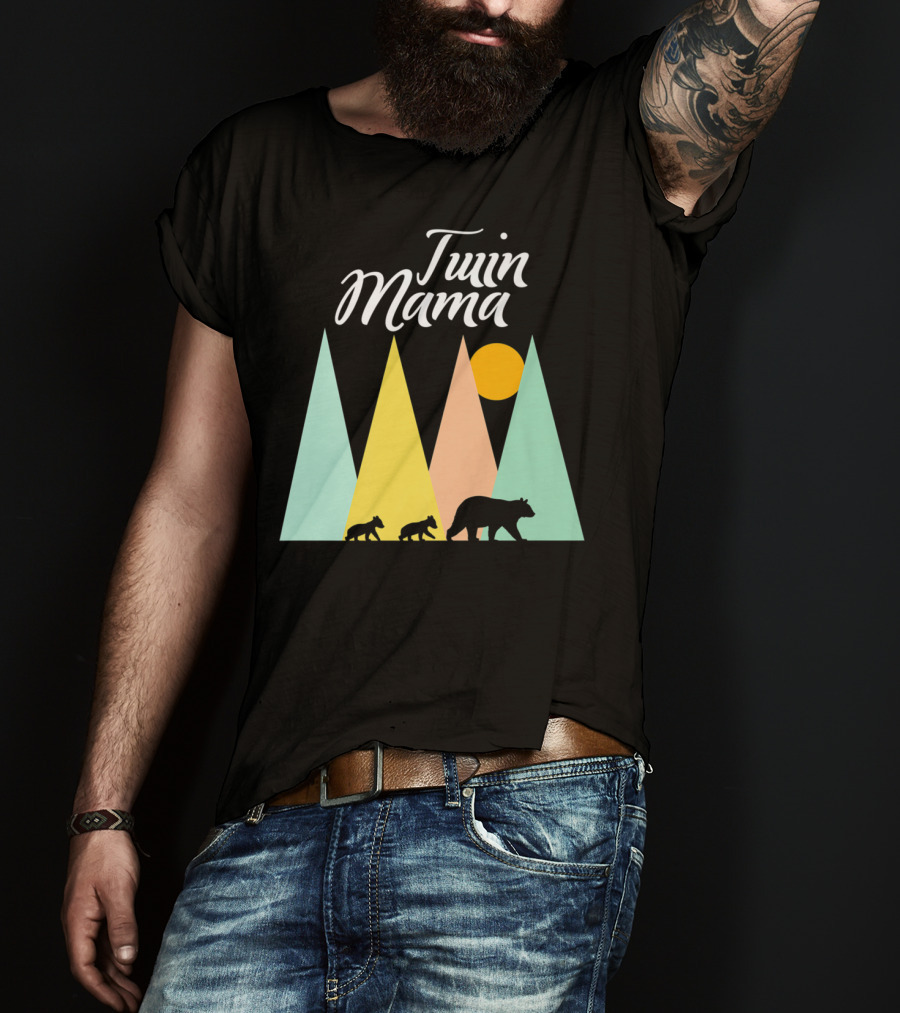 Twin Mama Bear With Cubs In Colorful Forest Scene T-Shirt