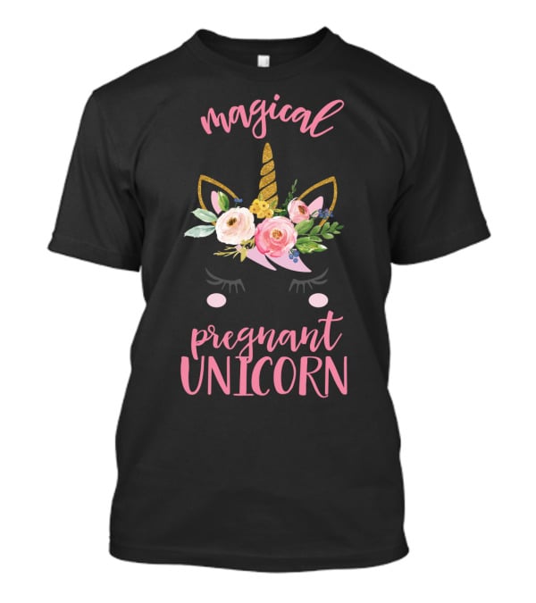 Magical Pregnant Unicorn Floral Horn T-Shirt