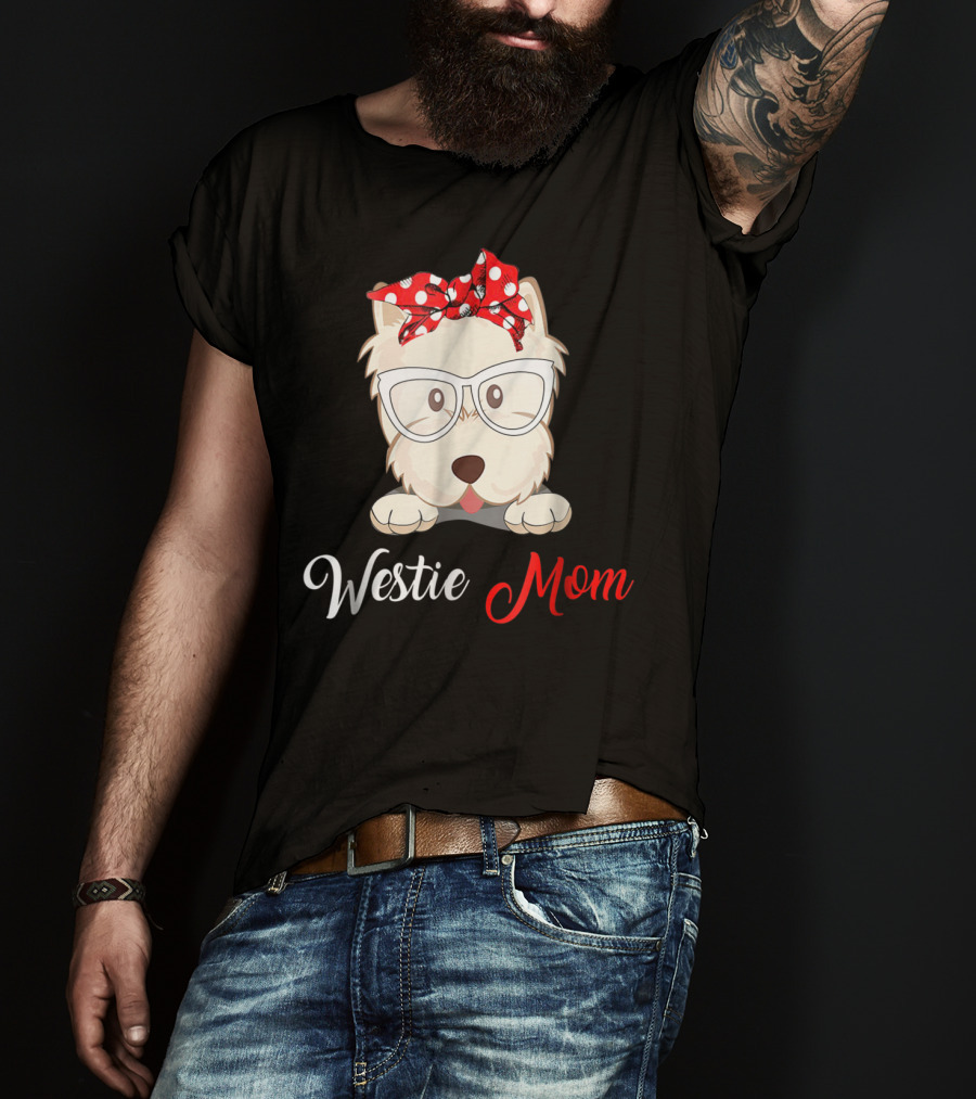 Westie Mom Glasses And Red Bow Dog Mom T-Shirt