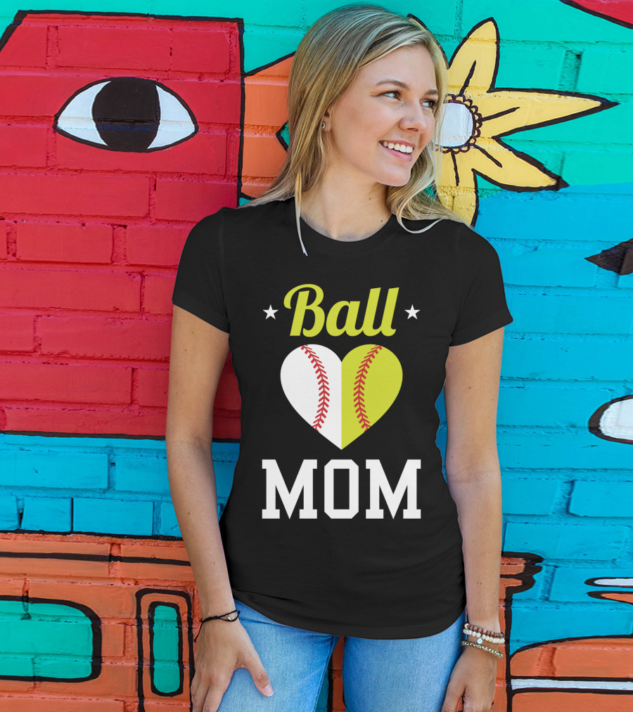 Ball Mom Heart Baseball Softball Dual Sports Mom T-Shirt