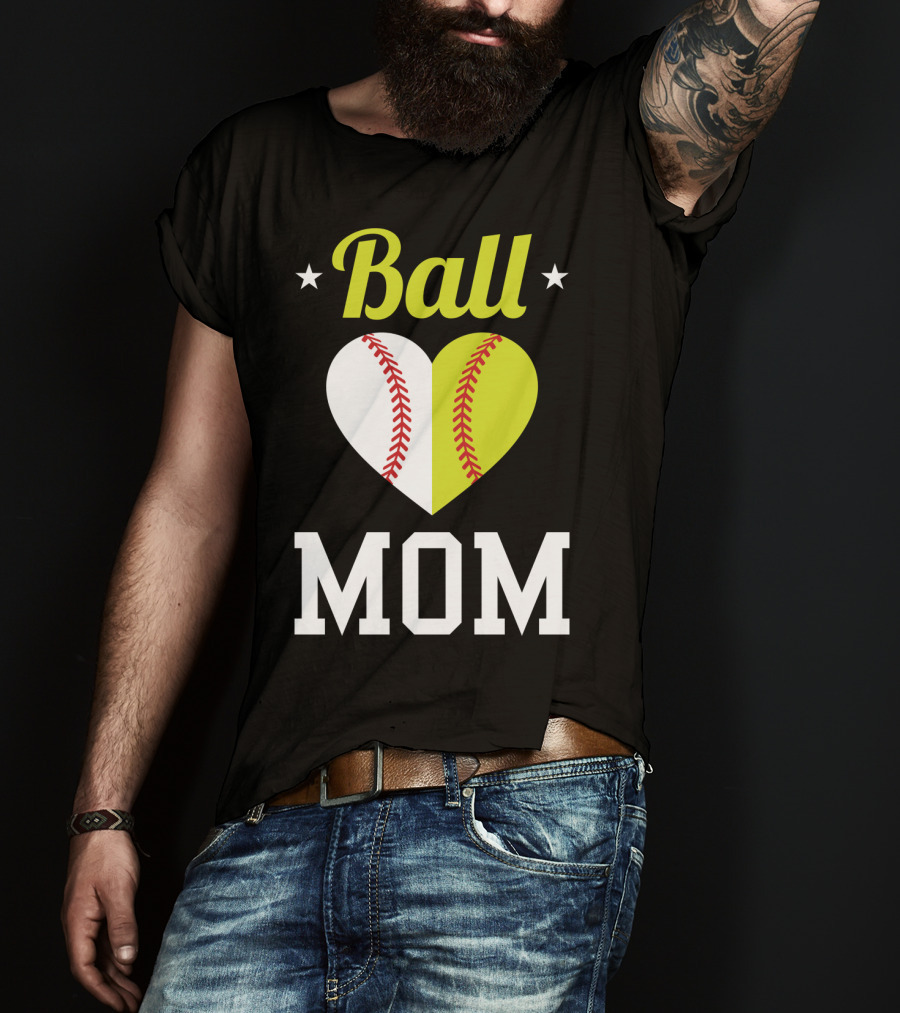 Ball Mom Heart Baseball Softball Dual Sports Mom T-Shirt