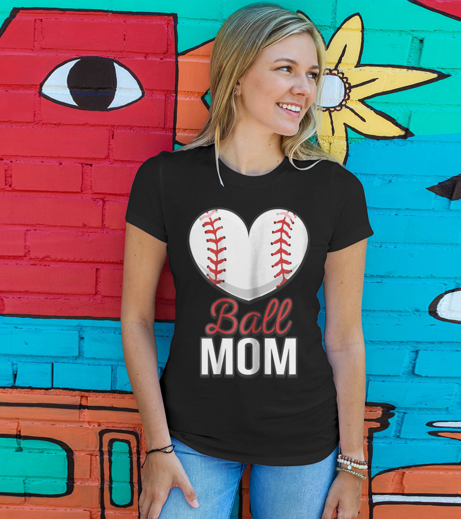 Ball Mom Heart Baseball Softball Mom T-Shirt