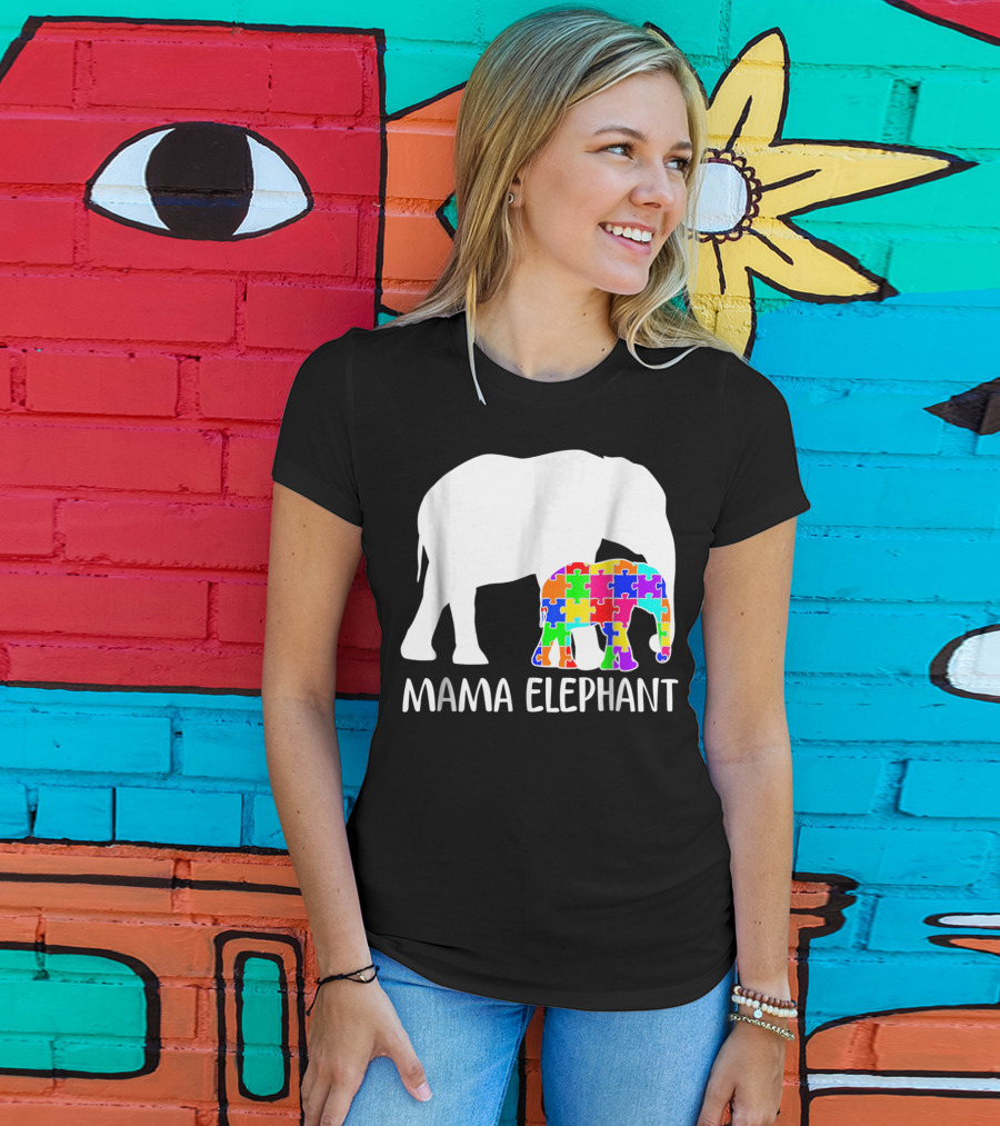 Mama Elephant Autism Awareness Puzzle Elephant Mother T-Shirt