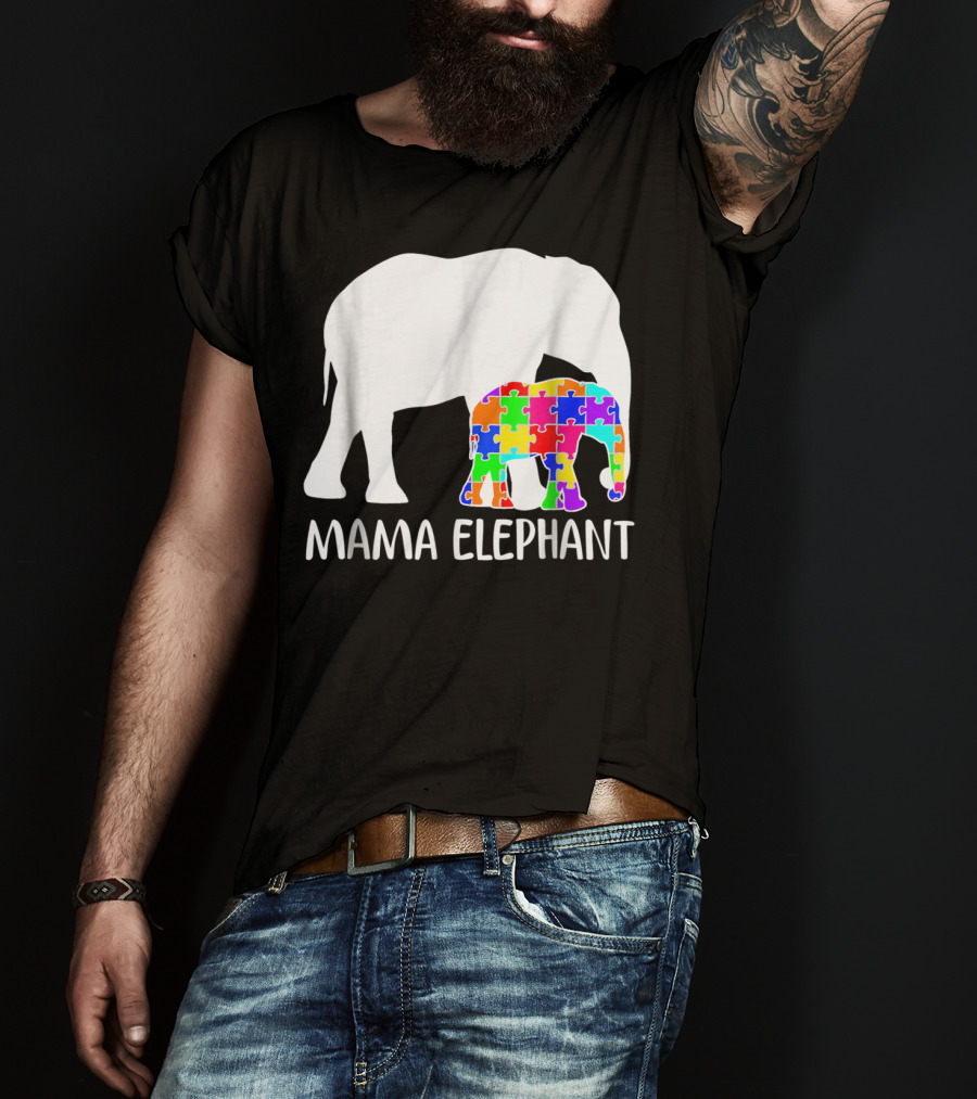 Mama Elephant Autism Awareness Puzzle Elephant Mother T-Shirt