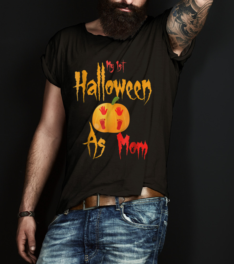My 1st Halloween As Mom Pumpkin With Baby Footprints And Handprints T-Shirt
