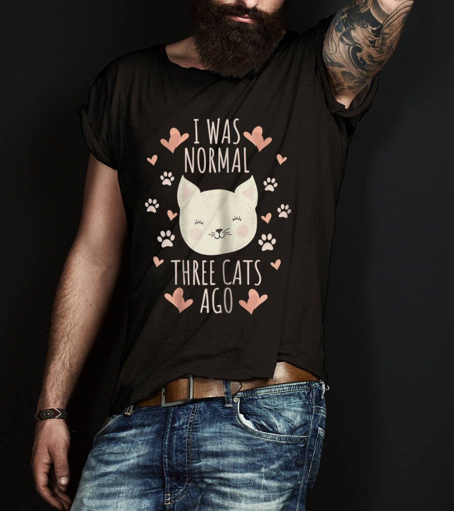 I Was Normal Three Cats Ago Cat Mom Crazy Cat Lady Hearts And Paw Prints T-Shirt