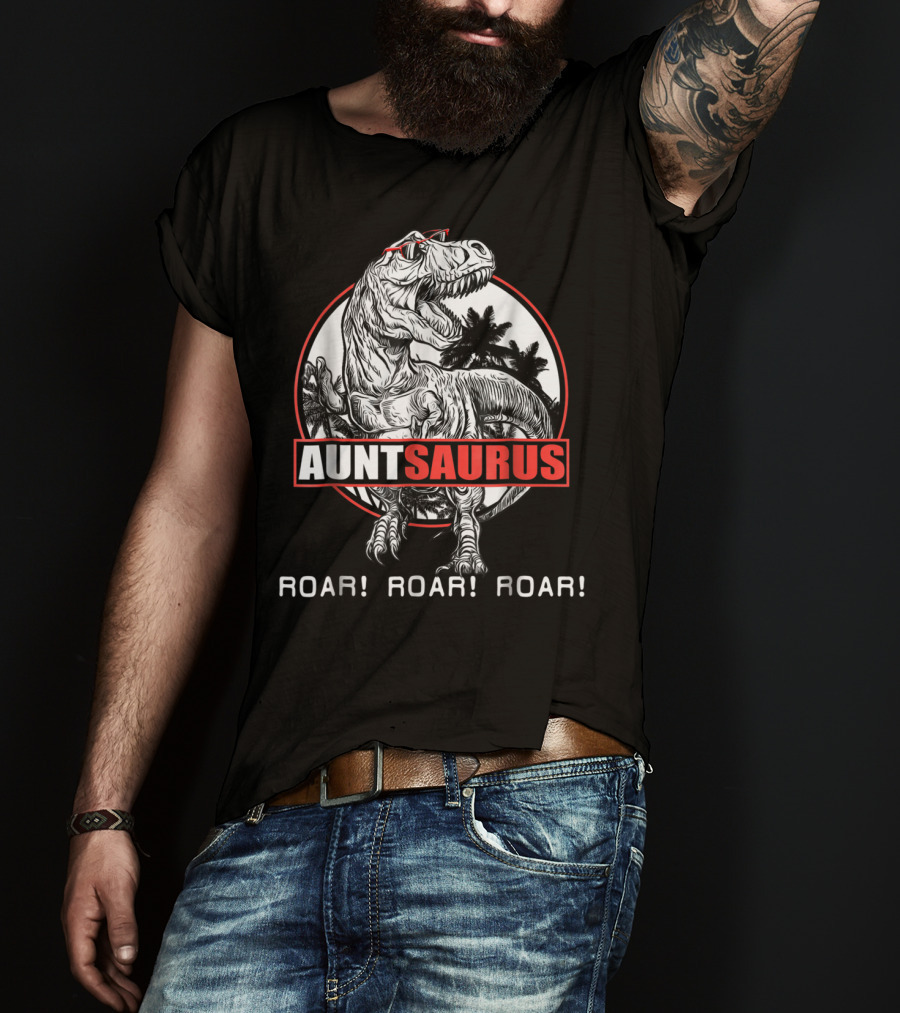 Auntsaurus Roar Roar Roar Dinosaur With Sunglasses And Palm Trees T-Shirt
