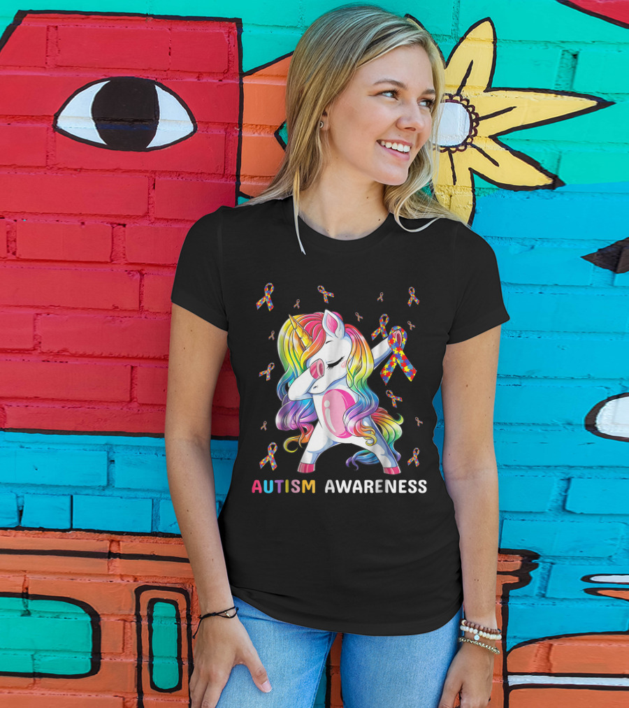Autism Awareness Unicorn Dabbing With Rainbow Puzzle Ribbons T-Shirt