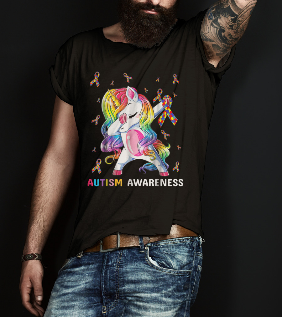 Autism Awareness Unicorn Dabbing With Rainbow Puzzle Ribbons T-Shirt