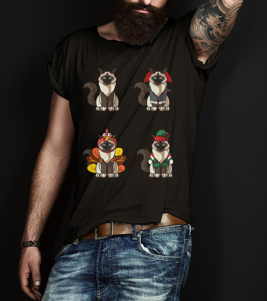 Birman Cat Dracula Turkey Elf Halloween Thanksgiving Christmas T-Shirt