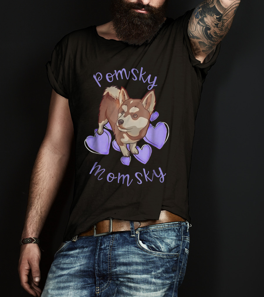 Pomsky Momsky Cute Pomsky With Purple Hearts T-Shirt