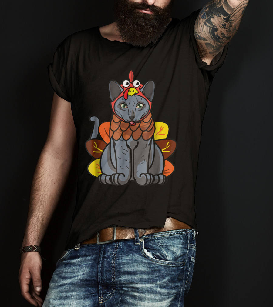 Thanksgiving Greetings Blue Cat Mom Owner With Turkey Costume T-Shirt