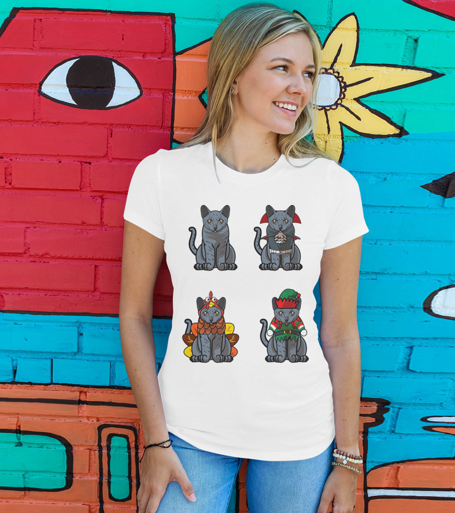 Blue Cat Halloween Thanksgiving Christmas Costumes T-Shirt