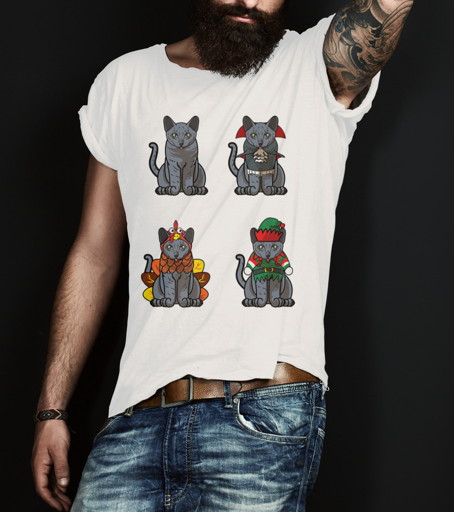 Blue Cat Halloween Thanksgiving Christmas Costumes T-Shirt