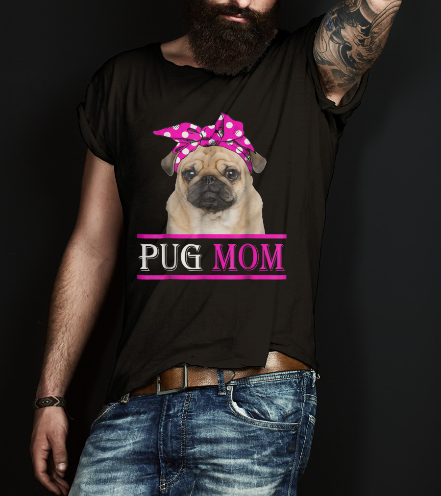 Pug Mom Cute Dog With Pink Polka Dot Bow T-Shirt