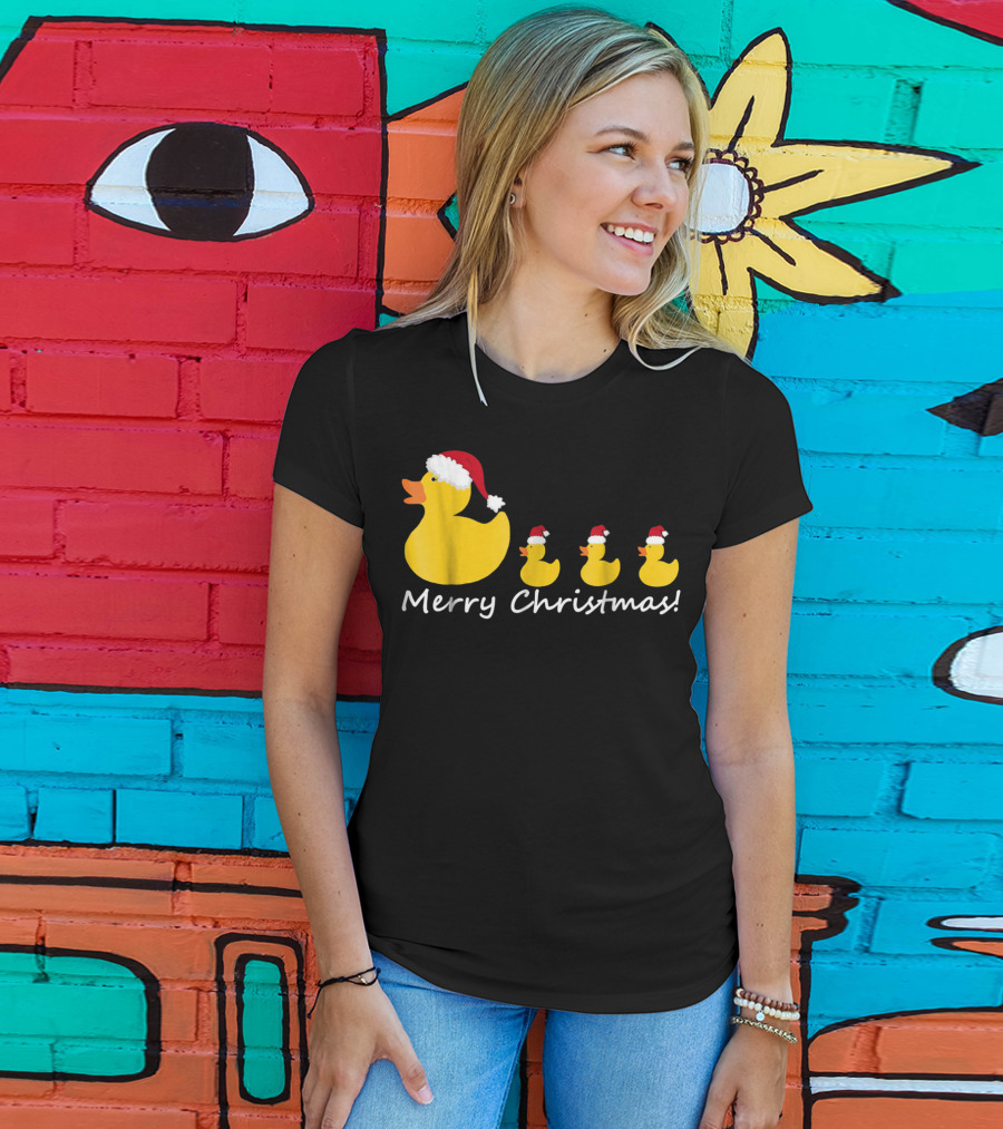Merry Christmas Rubber Duck Family Santa Hat Mom Of Three T-Shirt