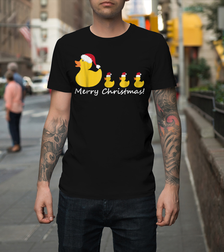 Merry Christmas Rubber Duck Family Santa Hat Mom of Three T-Shirt