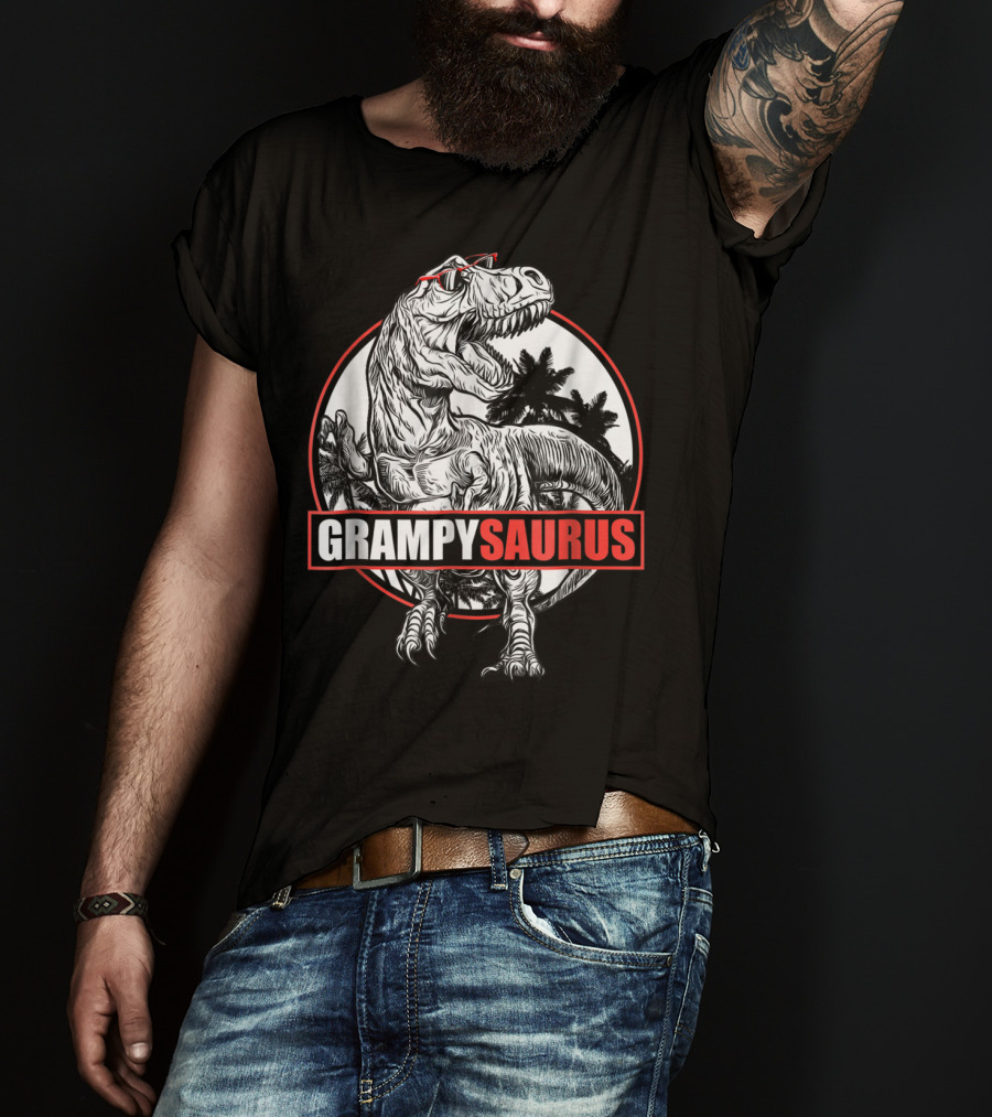 GrampySaurus Dinosaur With Sunglasses And Palm Trees T-Shirt