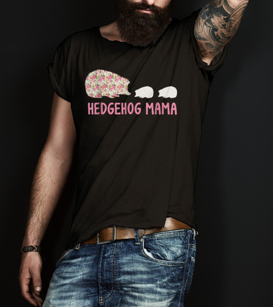 Hedgehog Mama With Floral Pattern And Babies T-Shirt