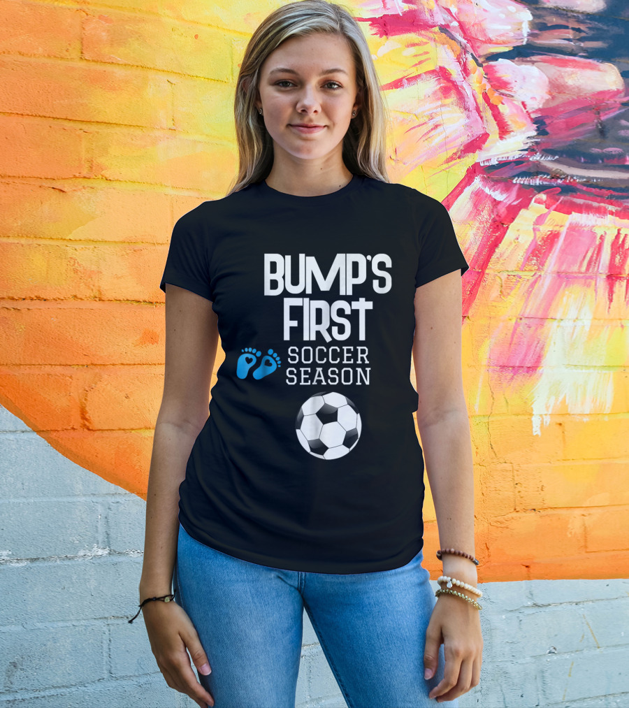 Bump's First Soccer Season New Mom To Be With Baby Footprints And Soccer Ball T-Shirt