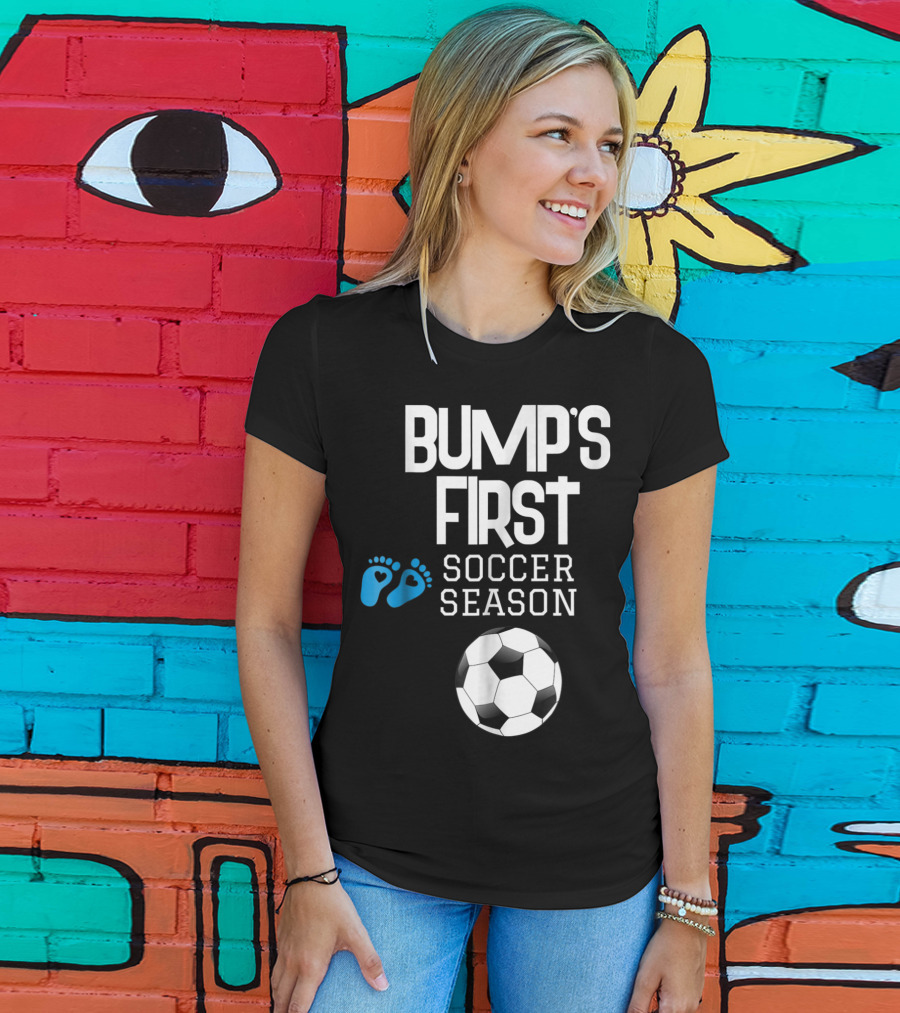 Bump's First Soccer Season New Mom To Be With Baby Footprints And Soccer Ball T-Shirt
