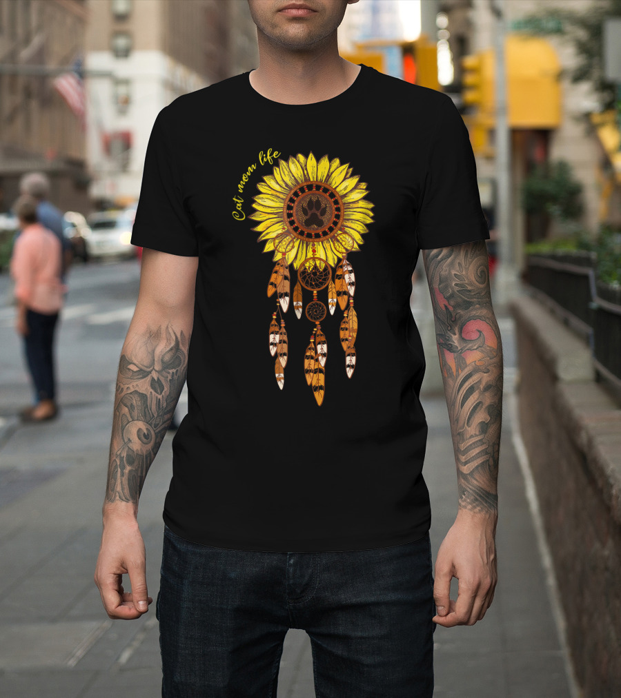 Cat Mom Life Sunflower Dreamcatcher Pawprint Hippie Girl T-Shirt