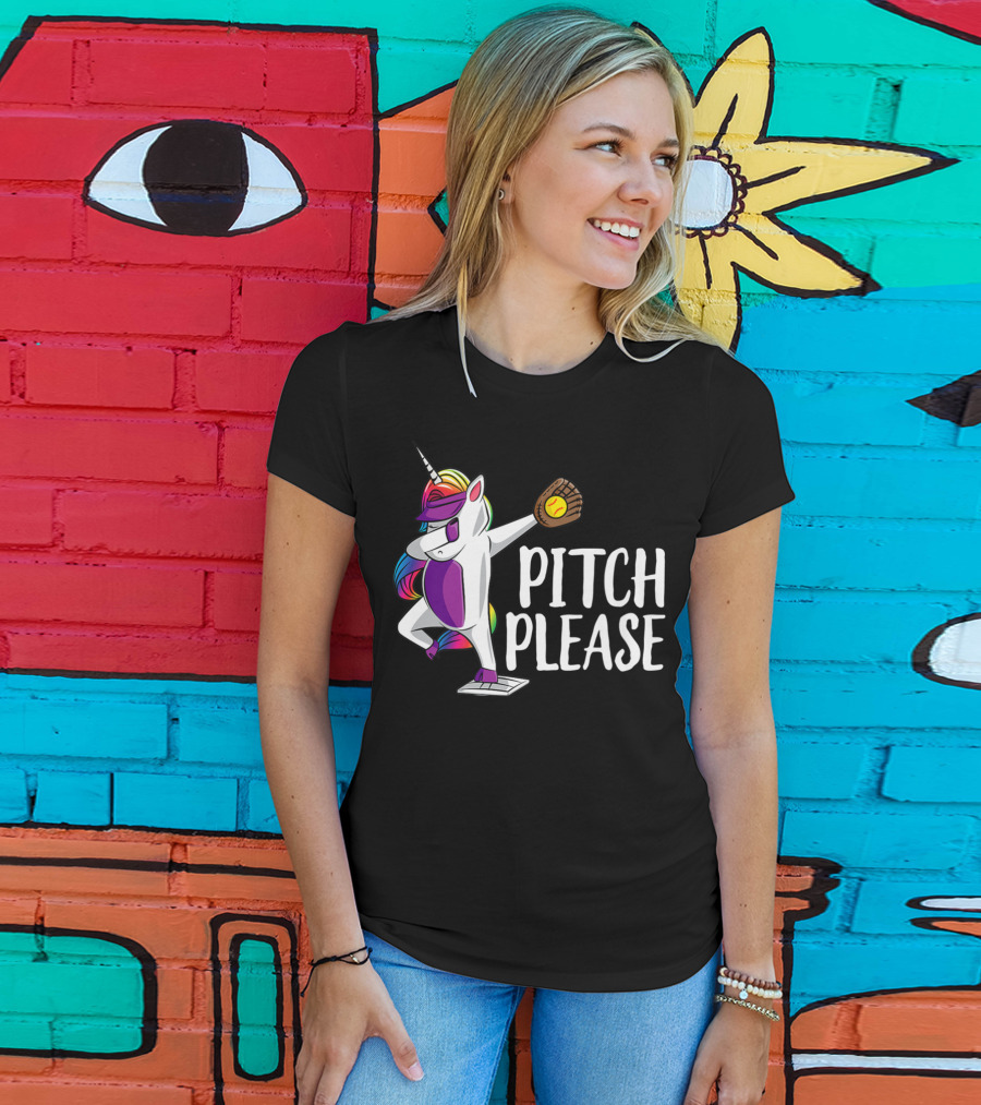 Pitch Please Dabbing Unicorn Funny Softball Player T-Shirt