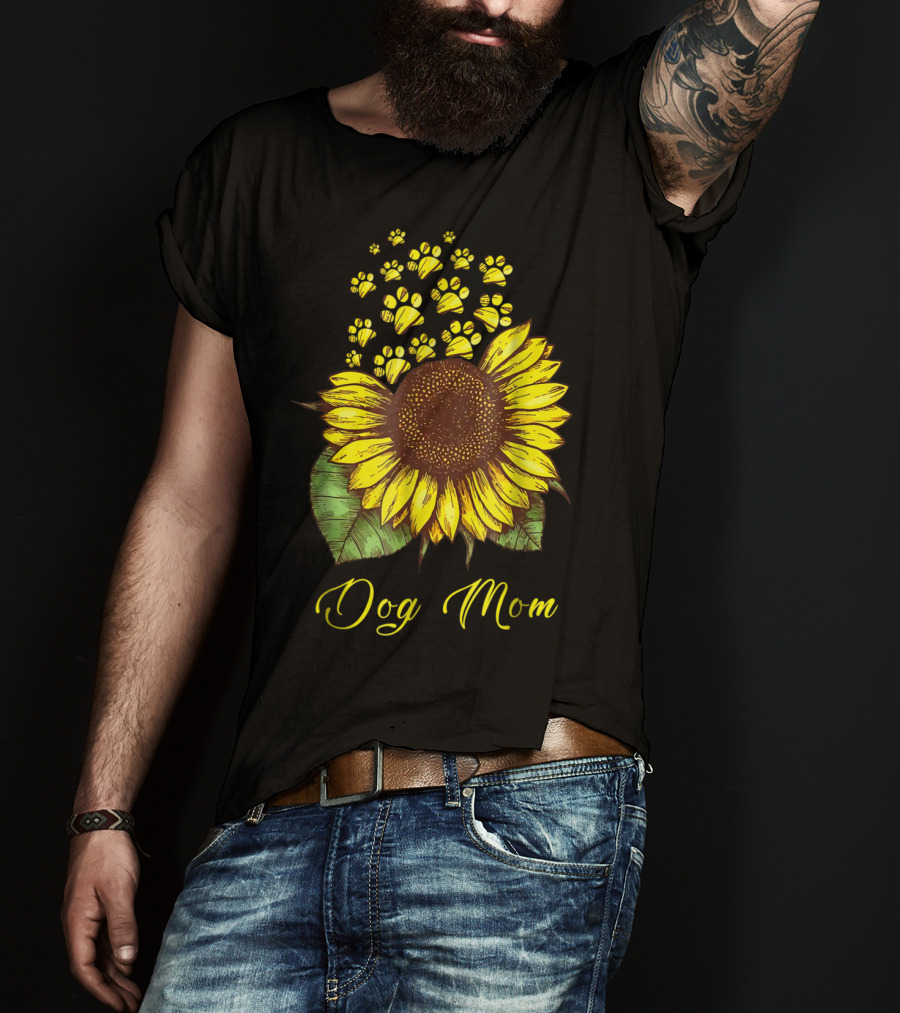 Dog Mom Sunflower With Paw Print Accents T-Shirt