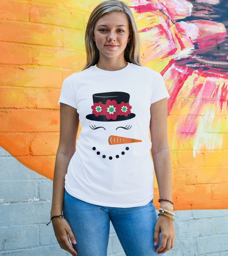 Family Christmas Card Snowman Woman With Hat And Flowers Mom Girl25 T-Shirt