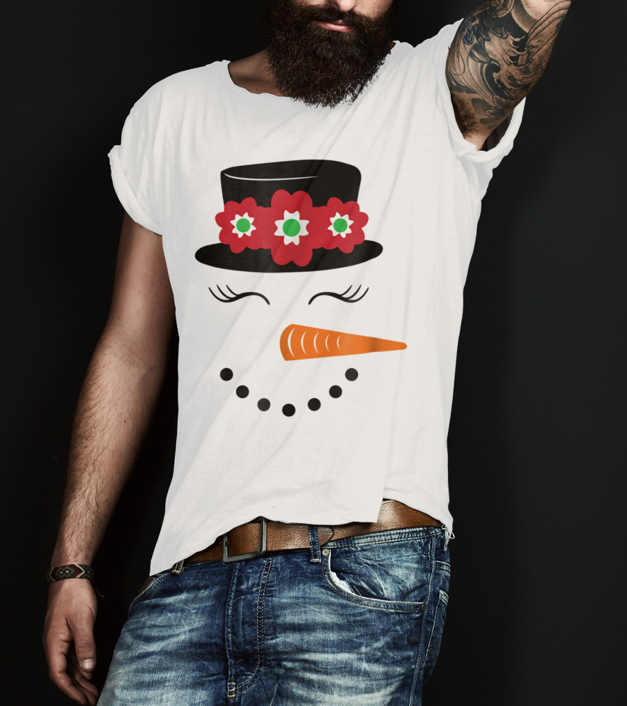 Family Christmas Card Snowman Woman With Hat And Flowers Mom Girl25 T-Shirt