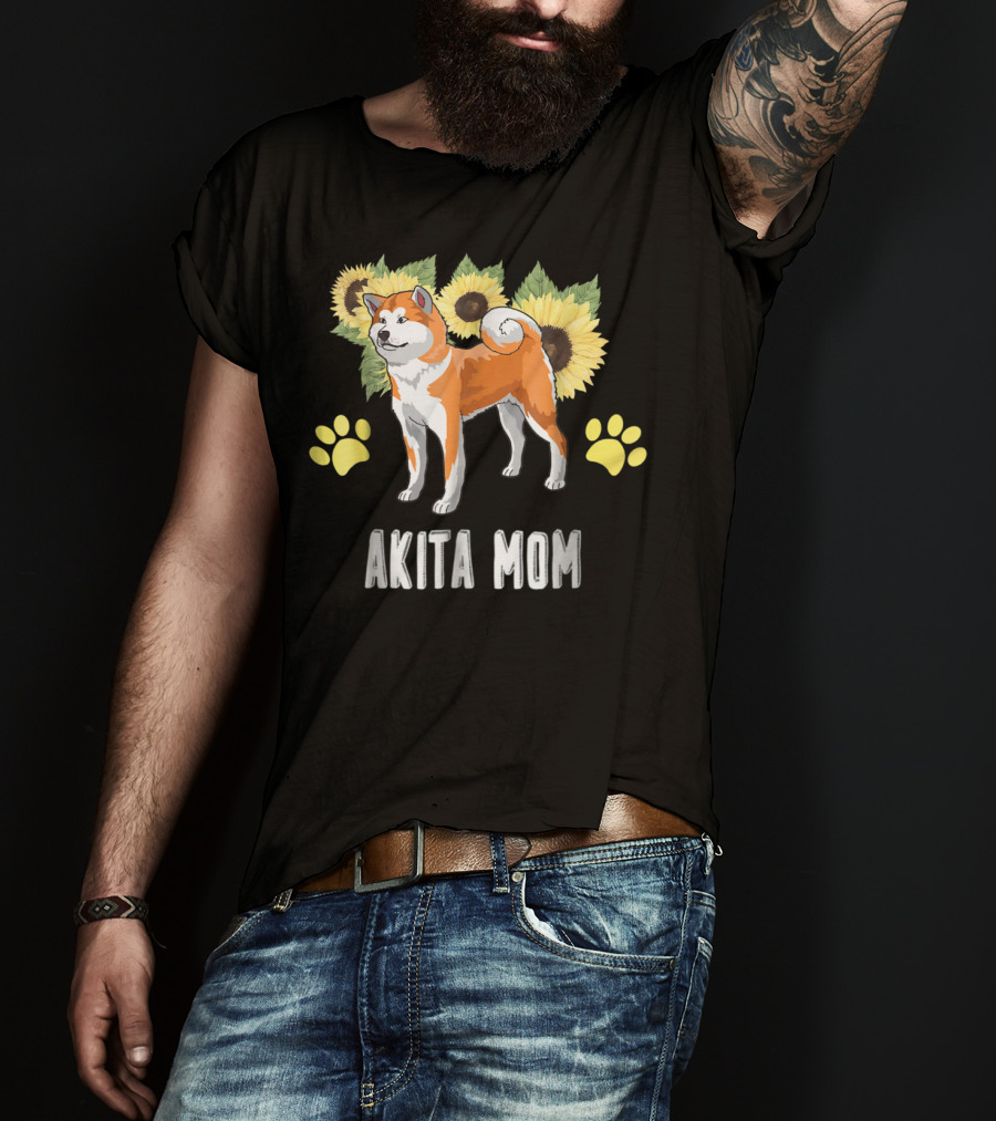 Akita Mom Sunflower With Paw Print Elements T-Shirt