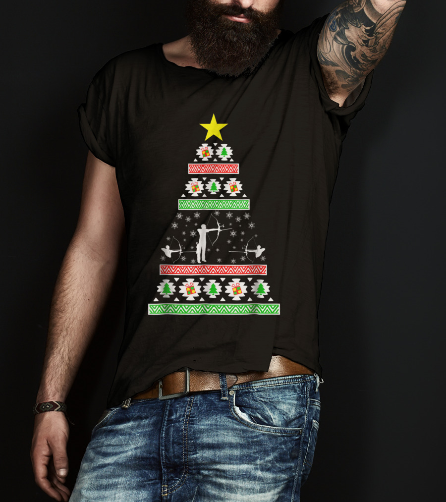 Archery Ugly Christmas Dad98 Tree Pattern With Star And Gifts T-Shirt
