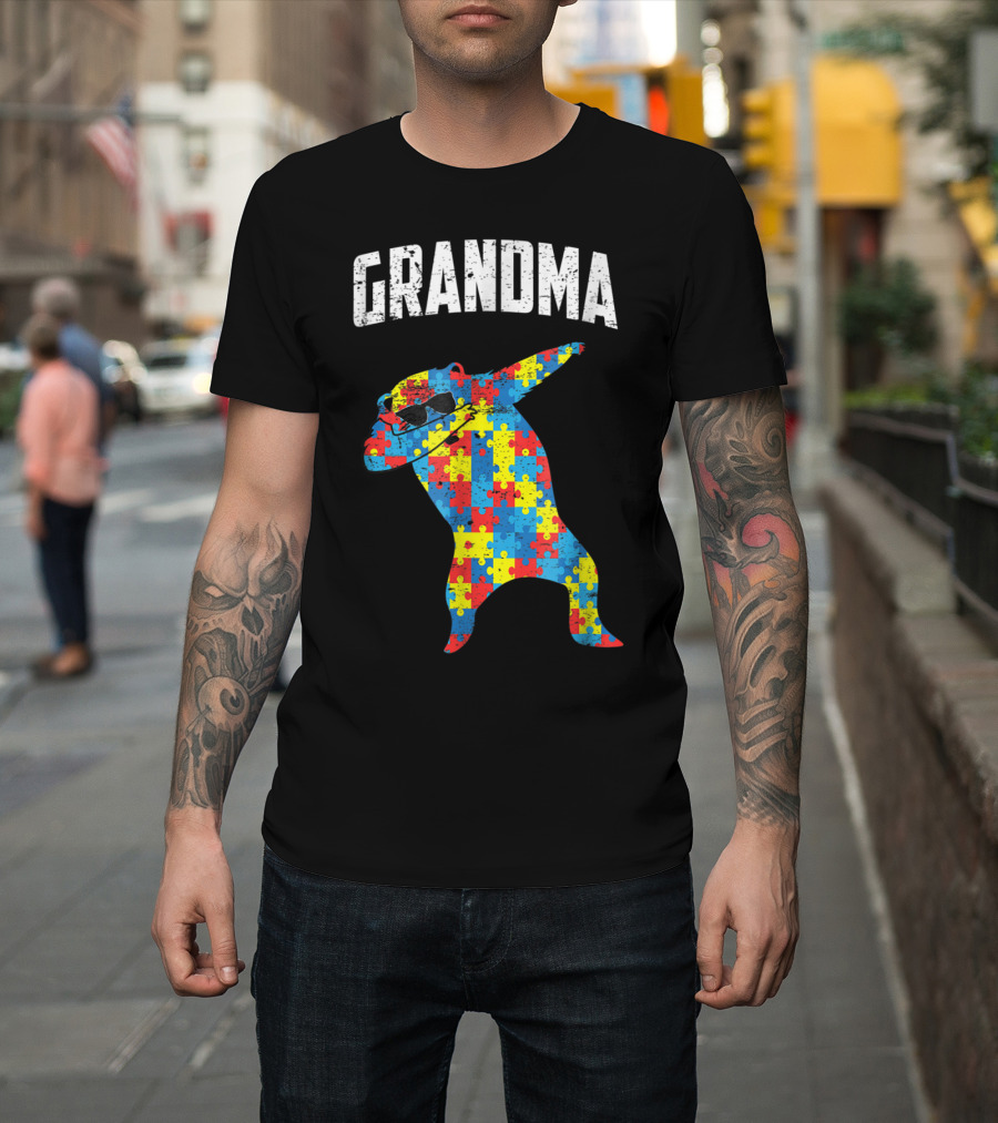 Dabbing Autism Puzzle Bear With Glasses Grandma T-Shirt