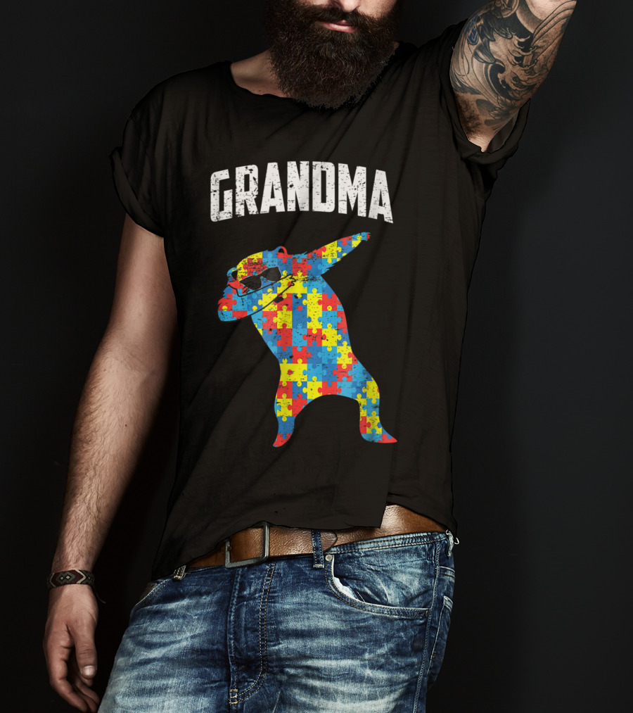Dabbing Autism Puzzle Bear With Glasses Grandma T-Shirt
