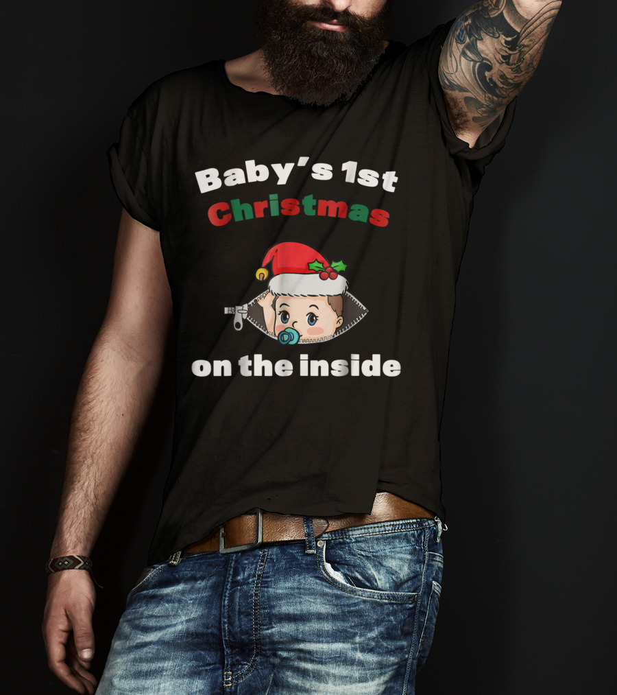 Baby's 1st Christmas On The Inside Mom To Be Santa Hat Zipper T-Shirt
