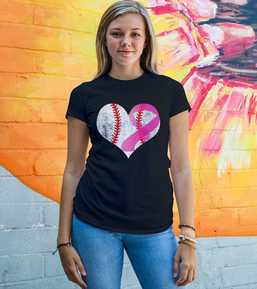 Baseball Heart Pink Ribbon Breast Cancer Awareness Mom81 T-Shirt
