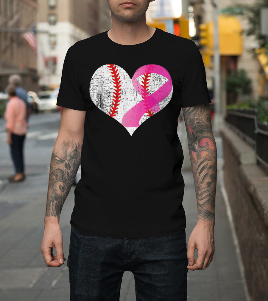 Baseball Heart Pink Ribbon Breast Cancer Awareness Mom81 T-Shirt