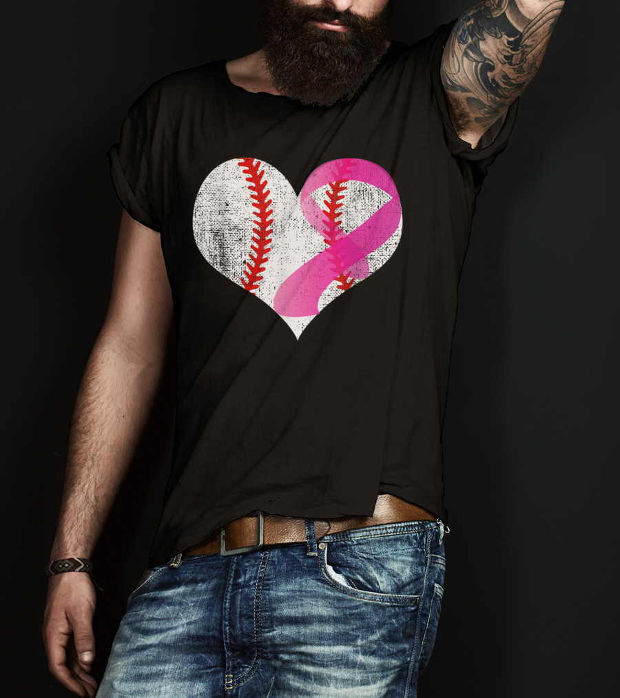 Baseball Heart Pink Ribbon Breast Cancer Awareness Mom81 T-Shirt