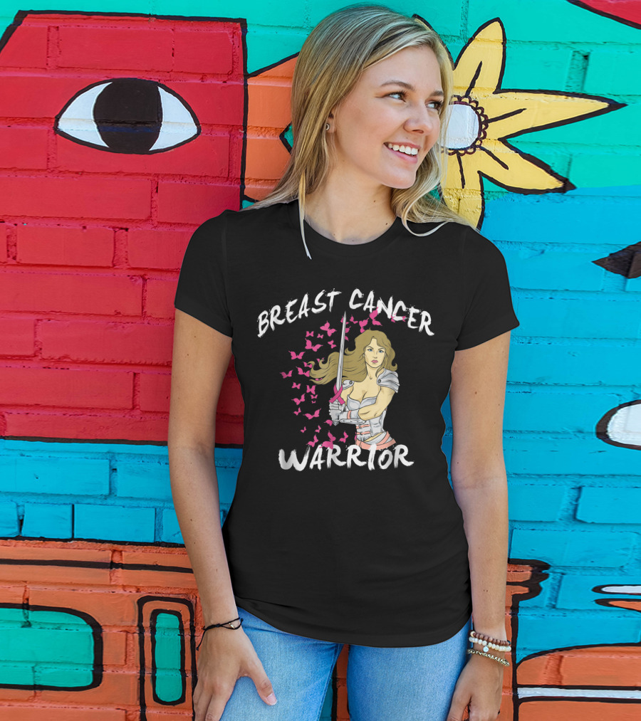 Breast Cancer Warrior Mom Knight With Ribbon Sword And Butterflies T-Shirt