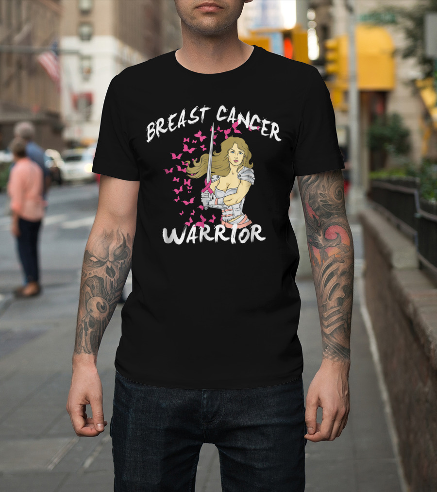 Breast Cancer Warrior Mom Knight with Ribbon Sword and Butterflies T-Shirt