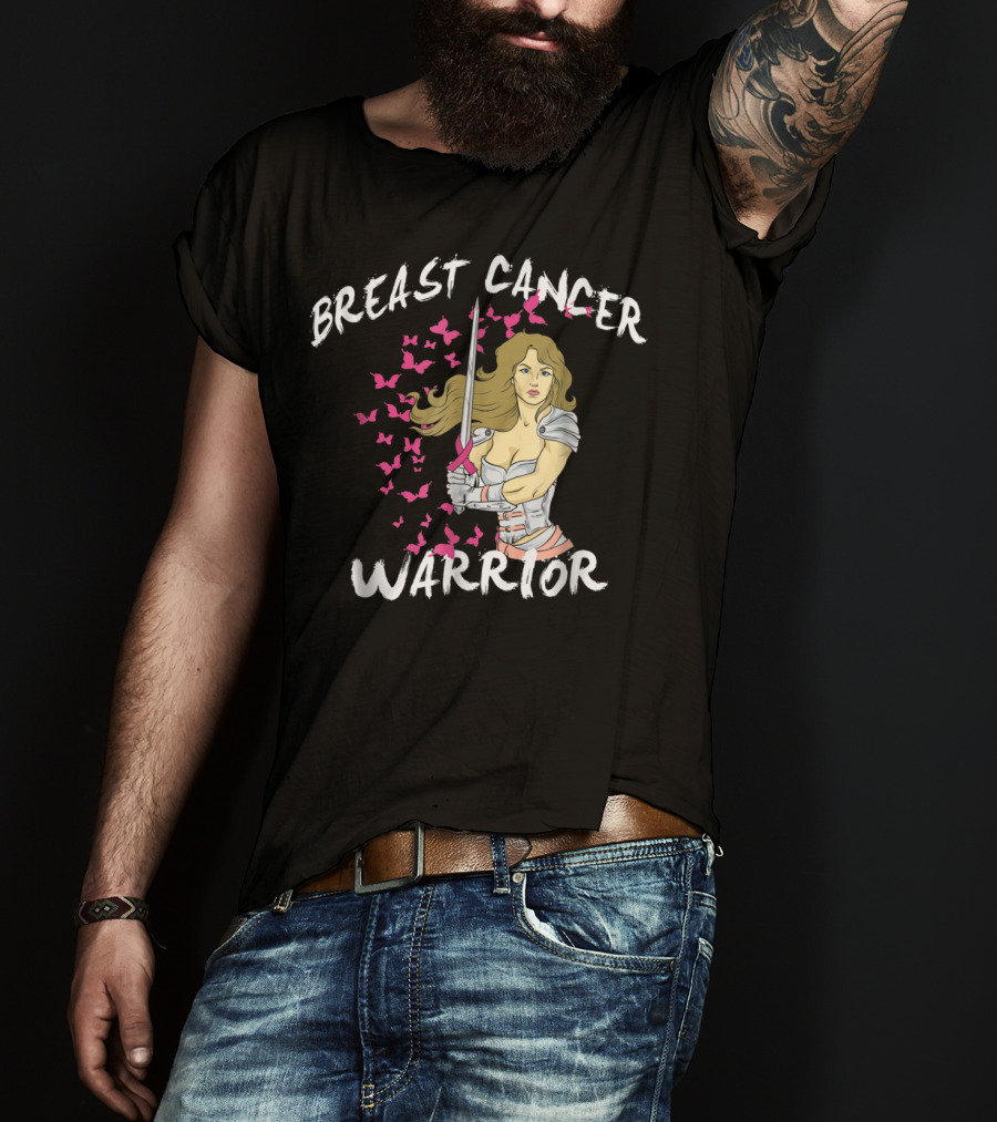 Breast Cancer Warrior Mom Knight With Ribbon Sword And Butterflies T-Shirt