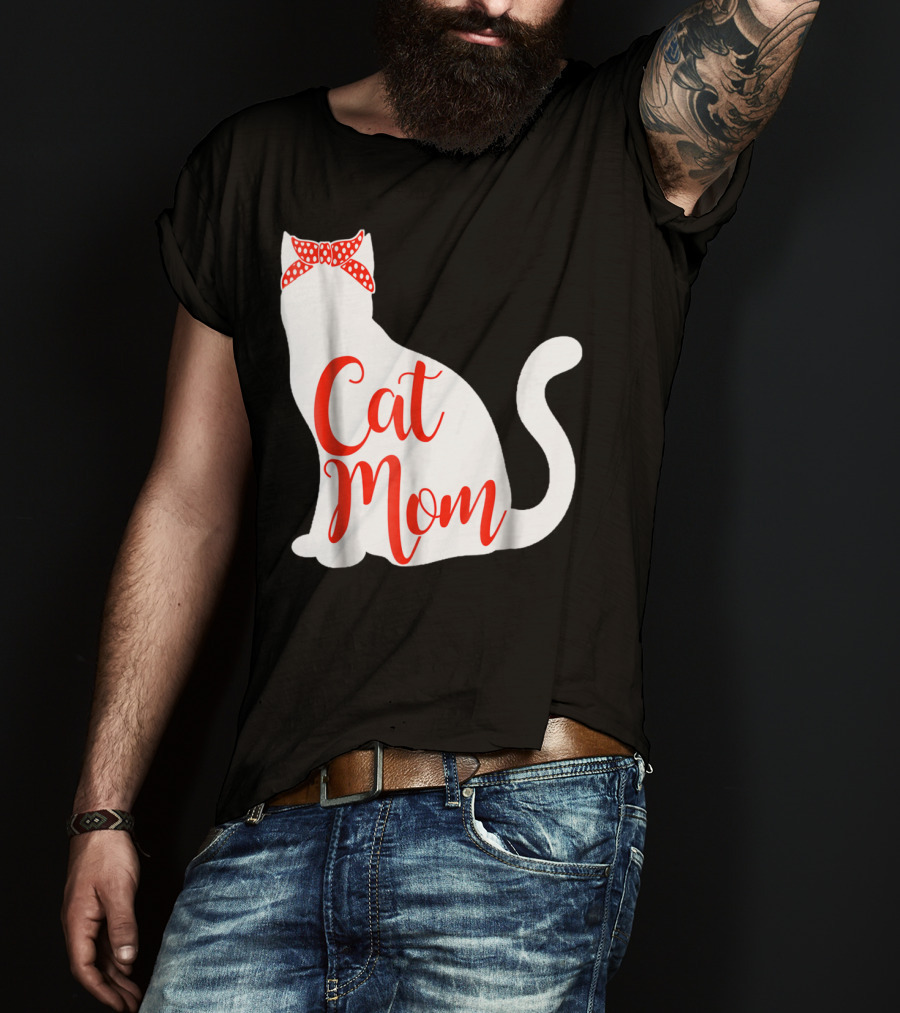 Cat Mom Cute Cat Owner Lover With Red Bow T-Shirt