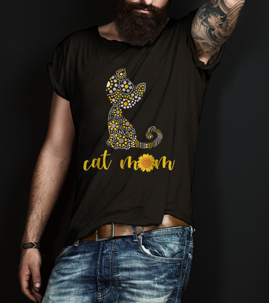 Cat Mom Sunflower Dot Art Funny Cat Lover 90 T-Shirt
