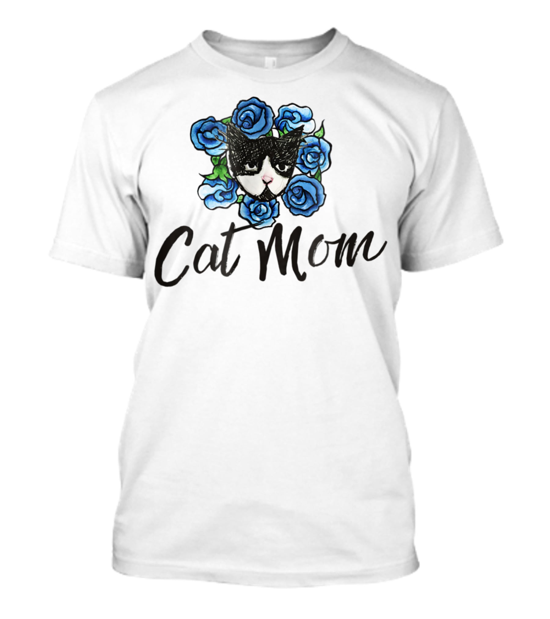Cat Mom Floral Tuxedo Cat Blue Roses T-Shirt