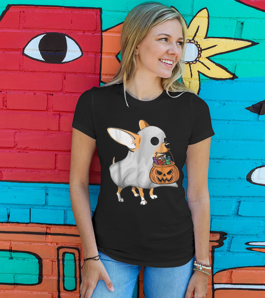 Ghost Chihuahua Trick-or-Treat Pumpkin Basket T-Shirt