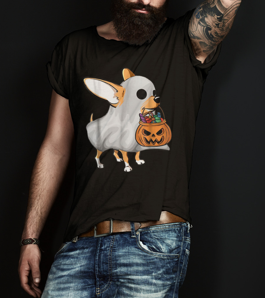 Ghost Chihuahua Trick-or-Treat Pumpkin Basket T-Shirt