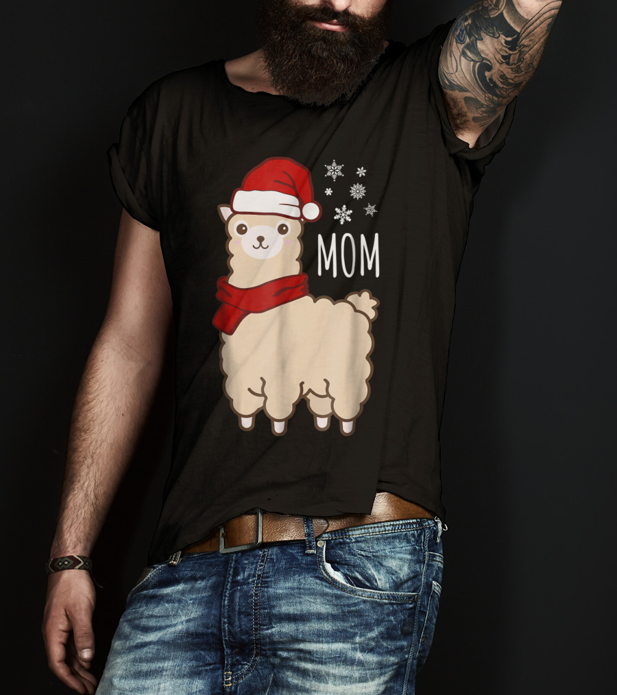 Christmas Mom Llama Cria Herd Xmas Mother Santa Hat Snowflakes T-Shirt