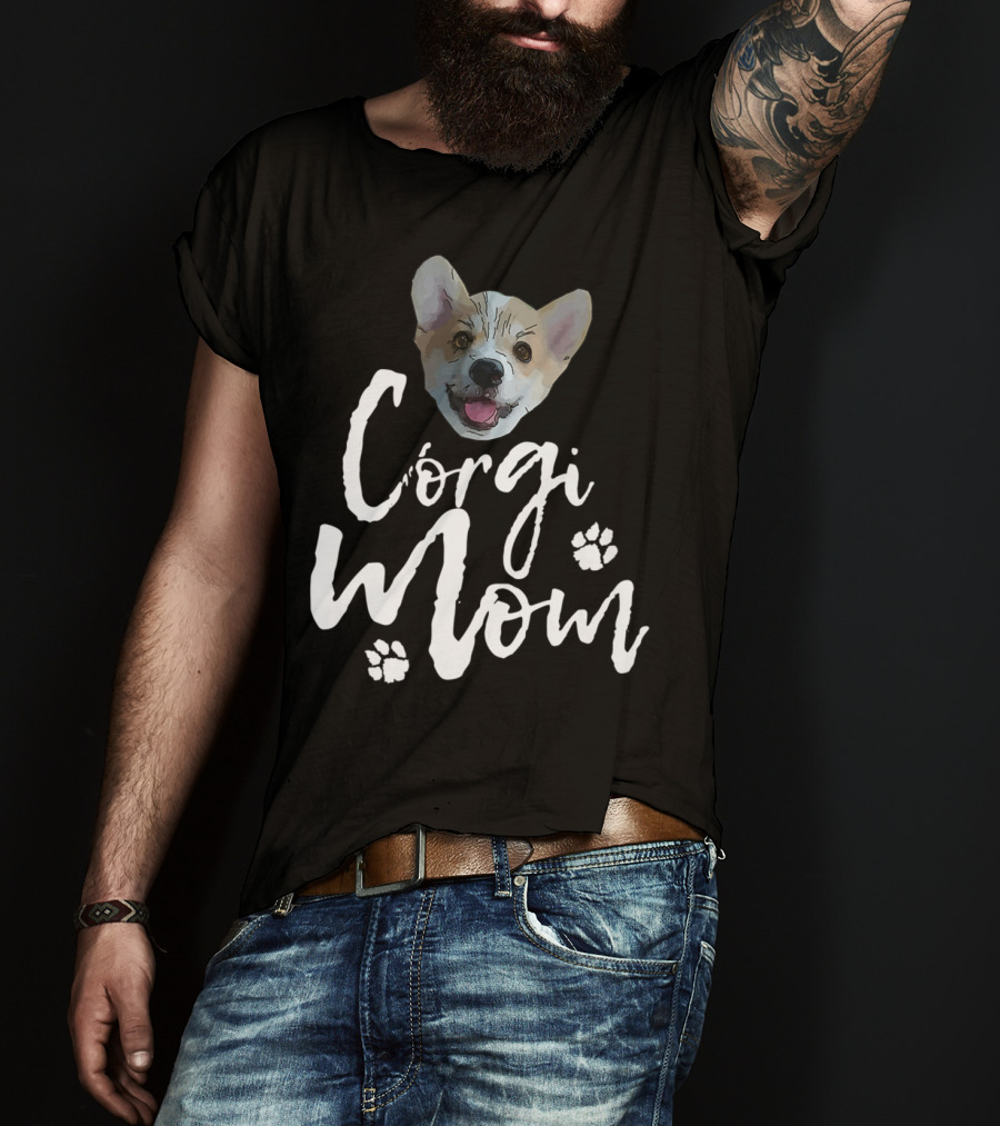 Corgi Mom Cute Dog Face With Paw Print Accents T-Shirt