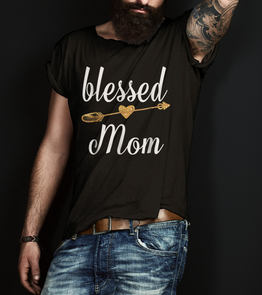 Blessed Mom Gold Heart Arrow T-Shirt