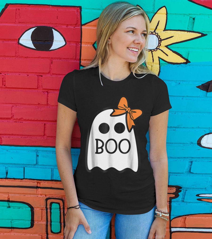 Cute Ghost Boo With Orange Bow For Halloween T-Shirt
